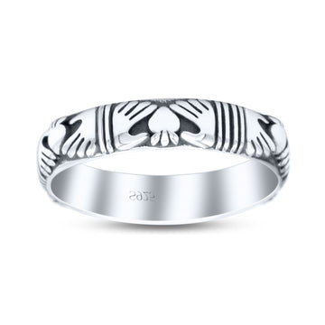 Irish Claddagh Friendship And Love Heart Inset Oxidized Rhodium Antique Band Thumb Ring